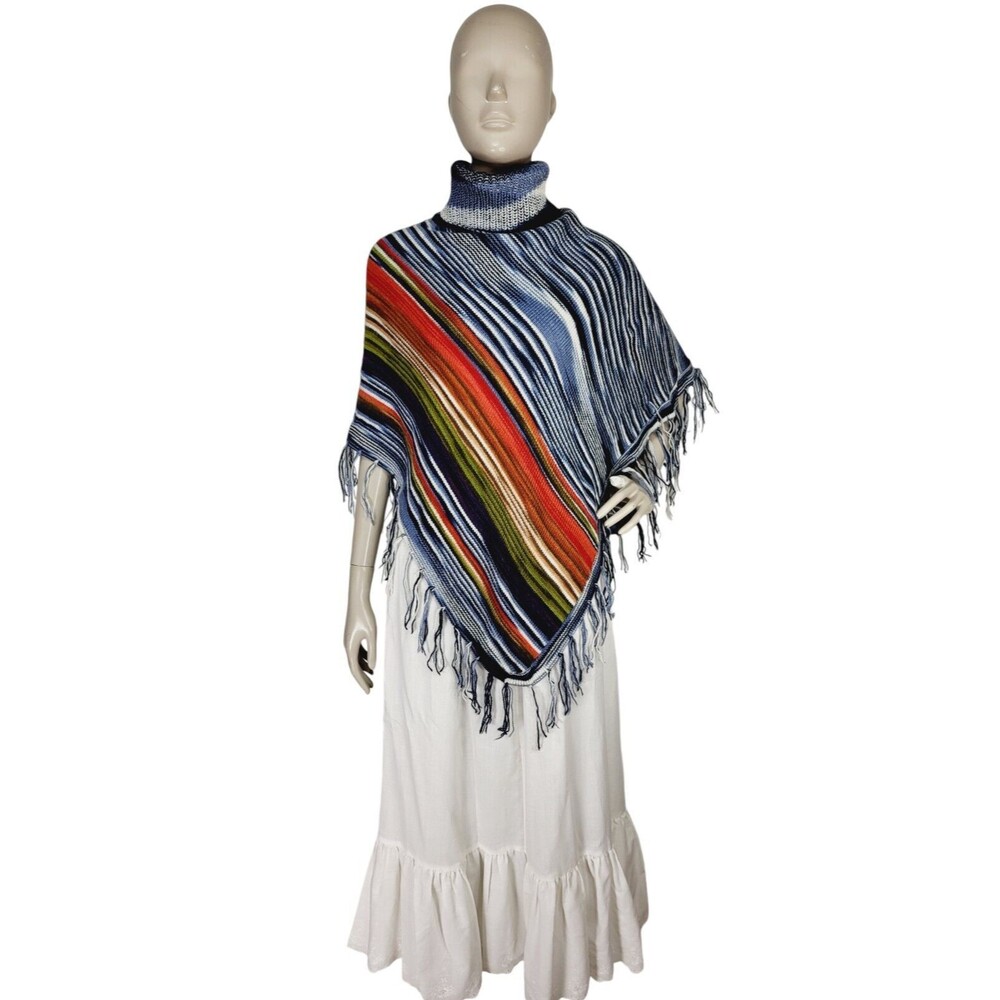 Vintage Hand Woven Poncho Shawl Wrap Turtleneck Fringe Bohemian Knit Sweater